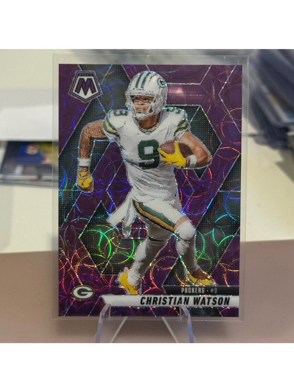 🔥 2025 Christian Watson Panini Mosaic Purple Scope Prizm Rookie Card. Green Bay